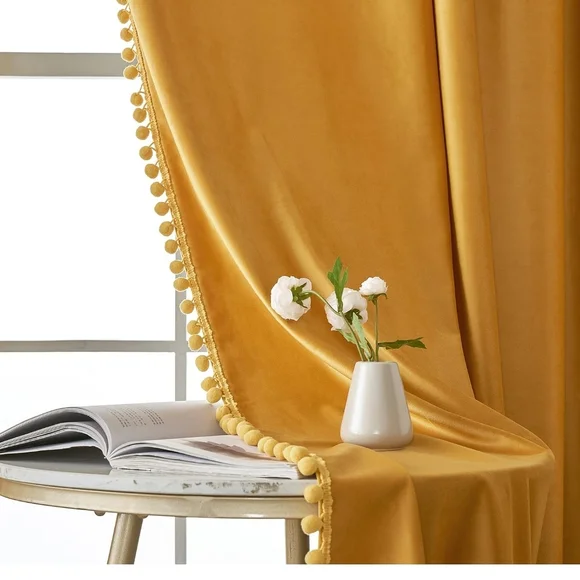Miulee 63x52 Velvet Pom Pom Mustard Yellow Curtains Room Darkening Thermal Set 2 - Picture 7 of 10